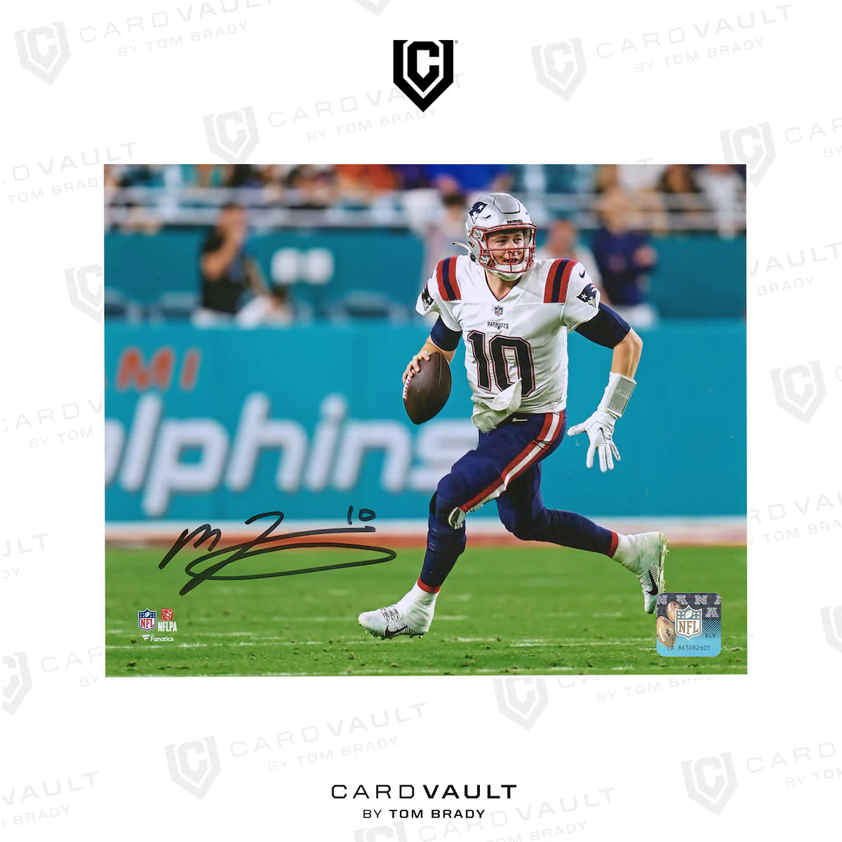 Mac Jones New England Patriots Autographed 8" x 10" White Scramble Photograph Framed